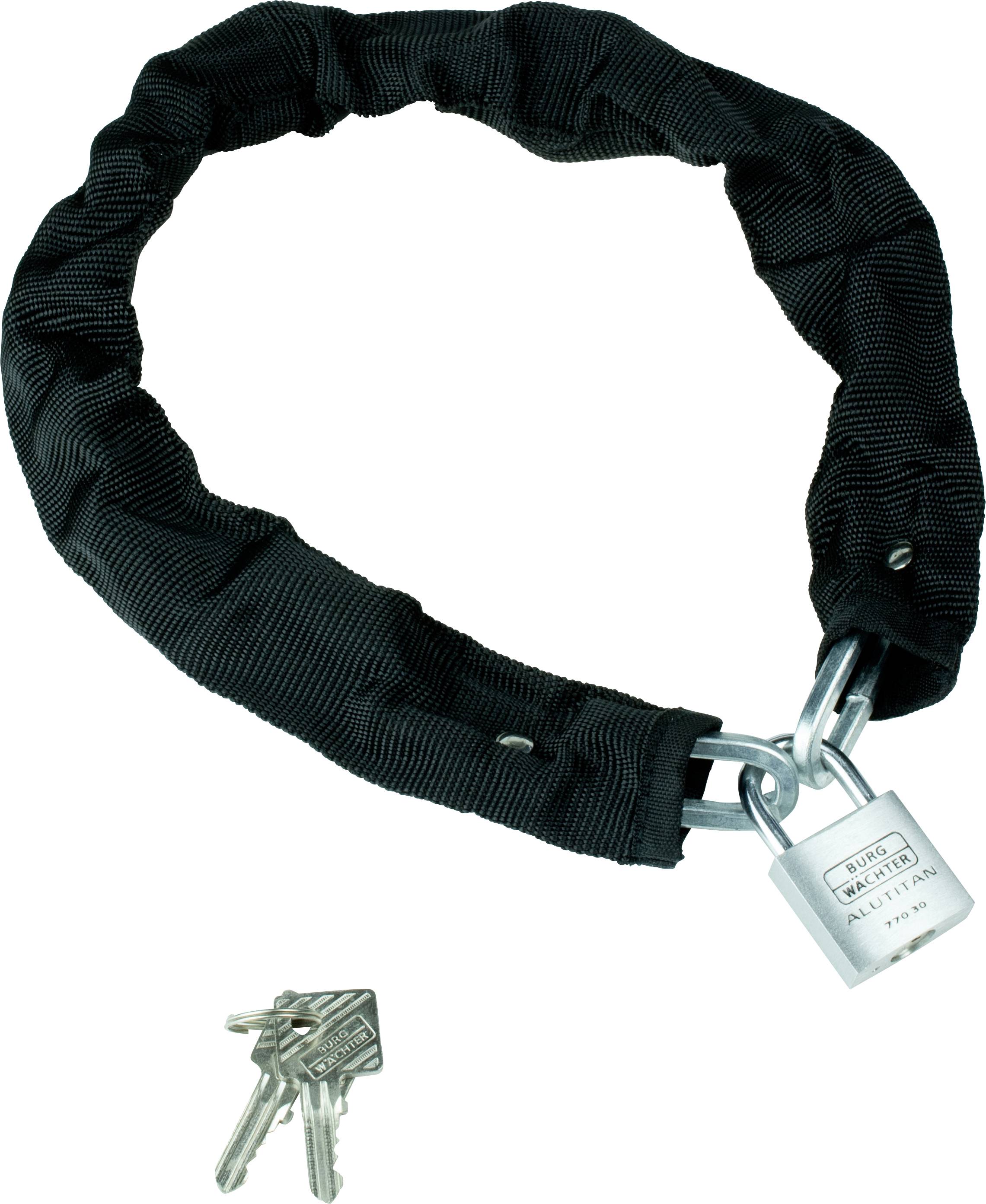 A black, packaged chain lock with a silver padlock. Three keys are lying beside it.