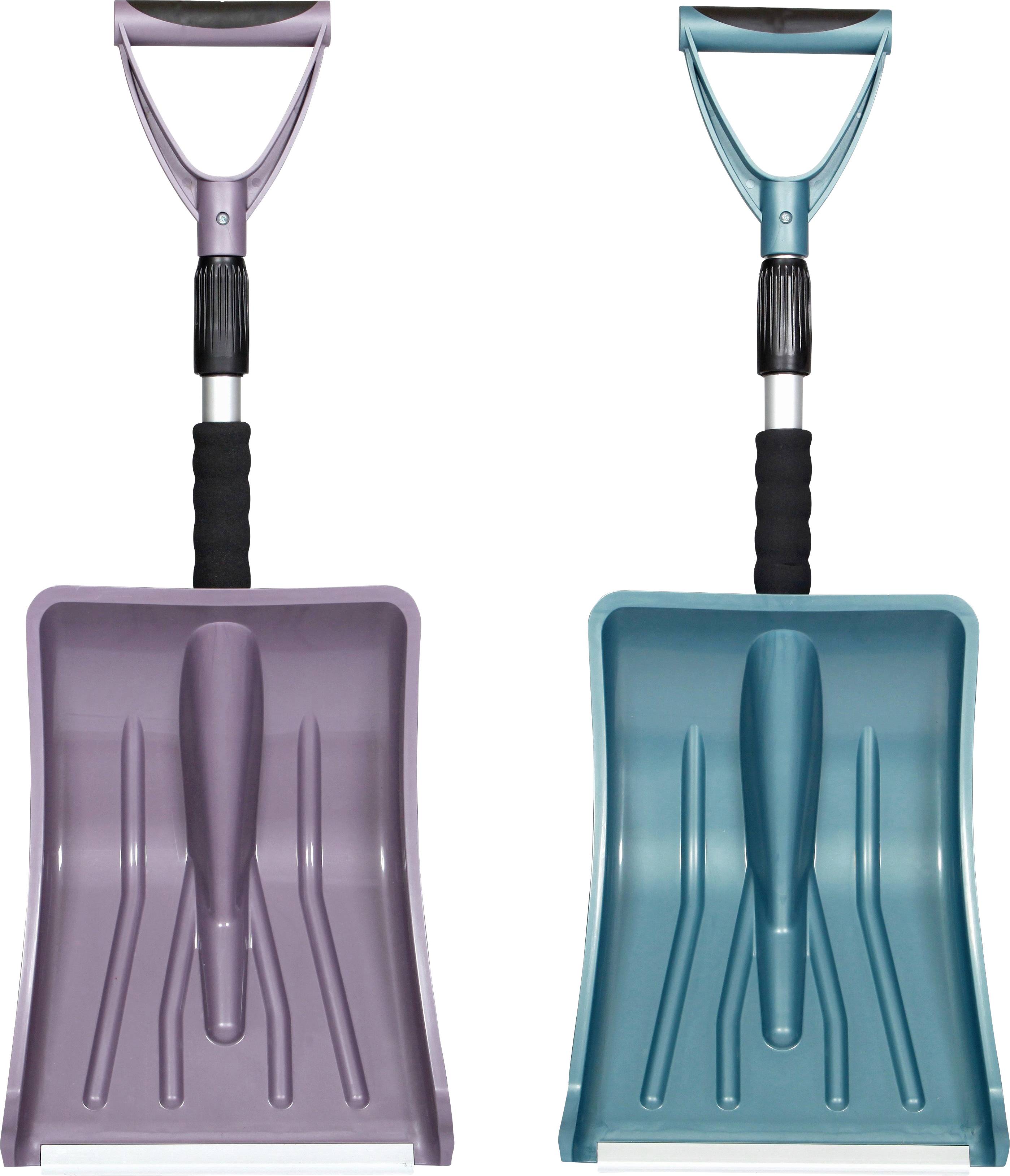 Two snow shovels, one purple and one blue, standing side by side. Both have ergonomic handles and wide shovel surfaces.