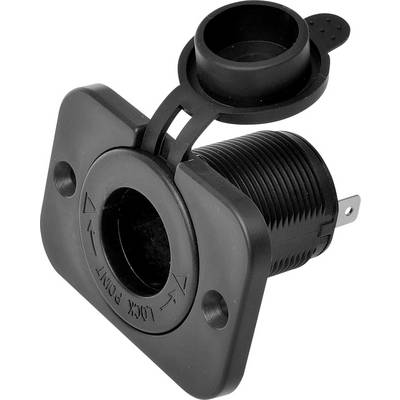 Black plastic socket with threaded screw and removable cap, two mounting holes, used for electrical connection.