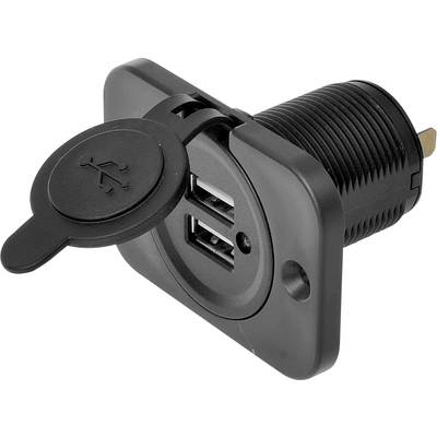 A double USB port in a black mounting bracket, designed for installation in devices or furniture. A flap with a USB symbol protects the ports.