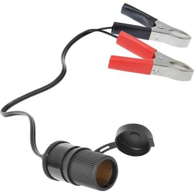A vehicle electrical adapter with two crocodile clips, one black and one red, for connecting to a car battery.