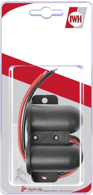 Packaging with an electrical component and screws, brand logo at the top. Main colours are black and red. DIY supplies item.