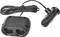'Black vehicle adapter with two power sockets and long cable. Suitable for car cigarette lighter.'