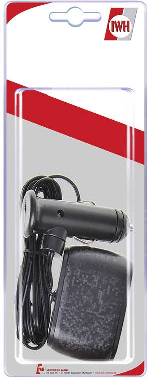 A car socket for electronic devices, packaged in a transparent plastic packaging with red and grey design.