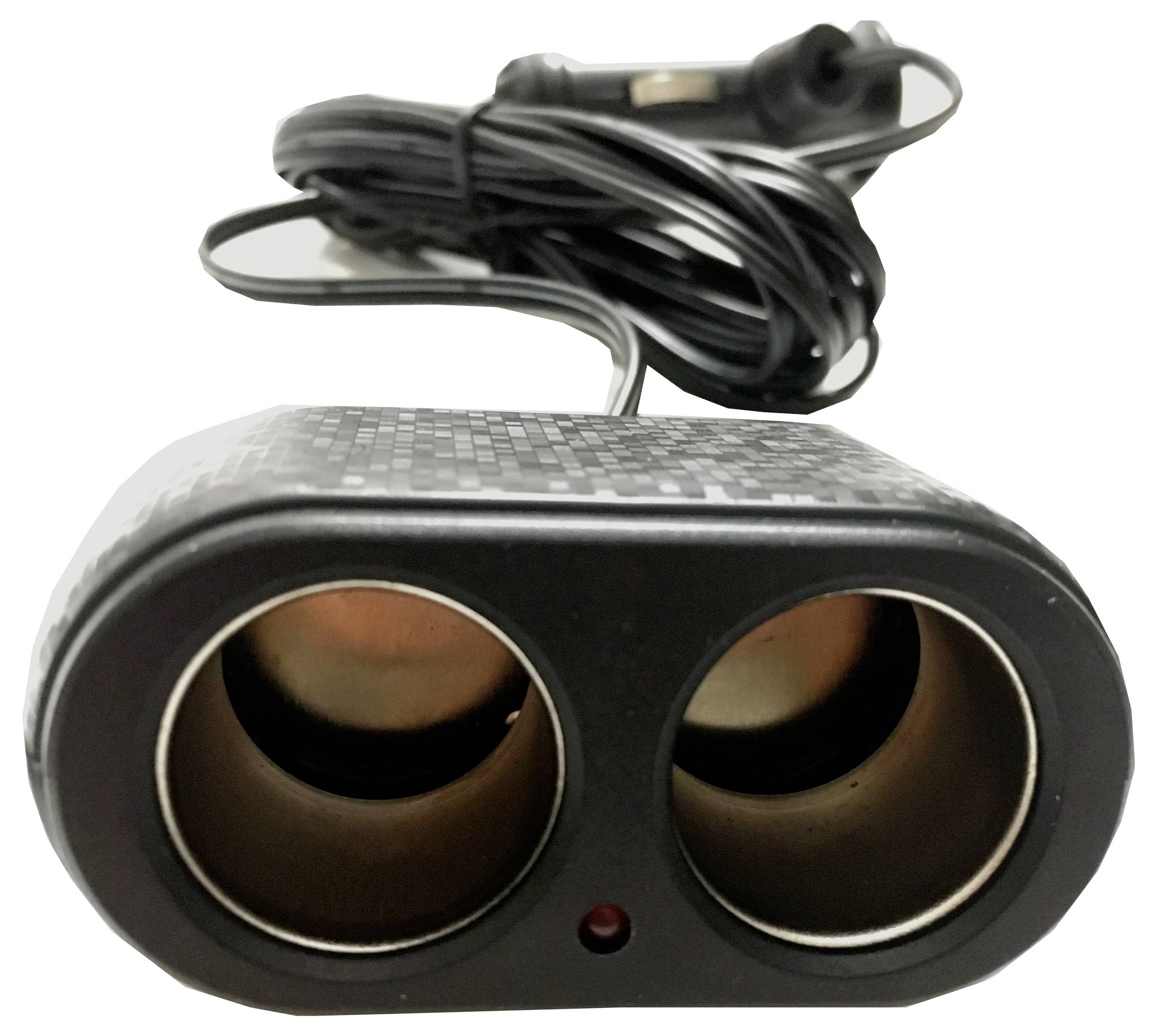Black dual-socket car charger with coiled power cord attached, shown front-on on a white background.
