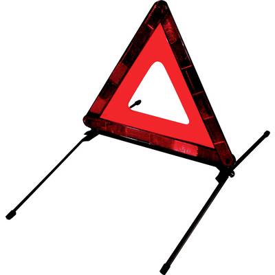 A red warning triangle with reflective edges, set up on folding legs, signals caution or danger on the road.