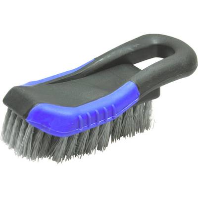 Black brush with grey bristles and blue handle, suitable for scrubbing and cleaning.