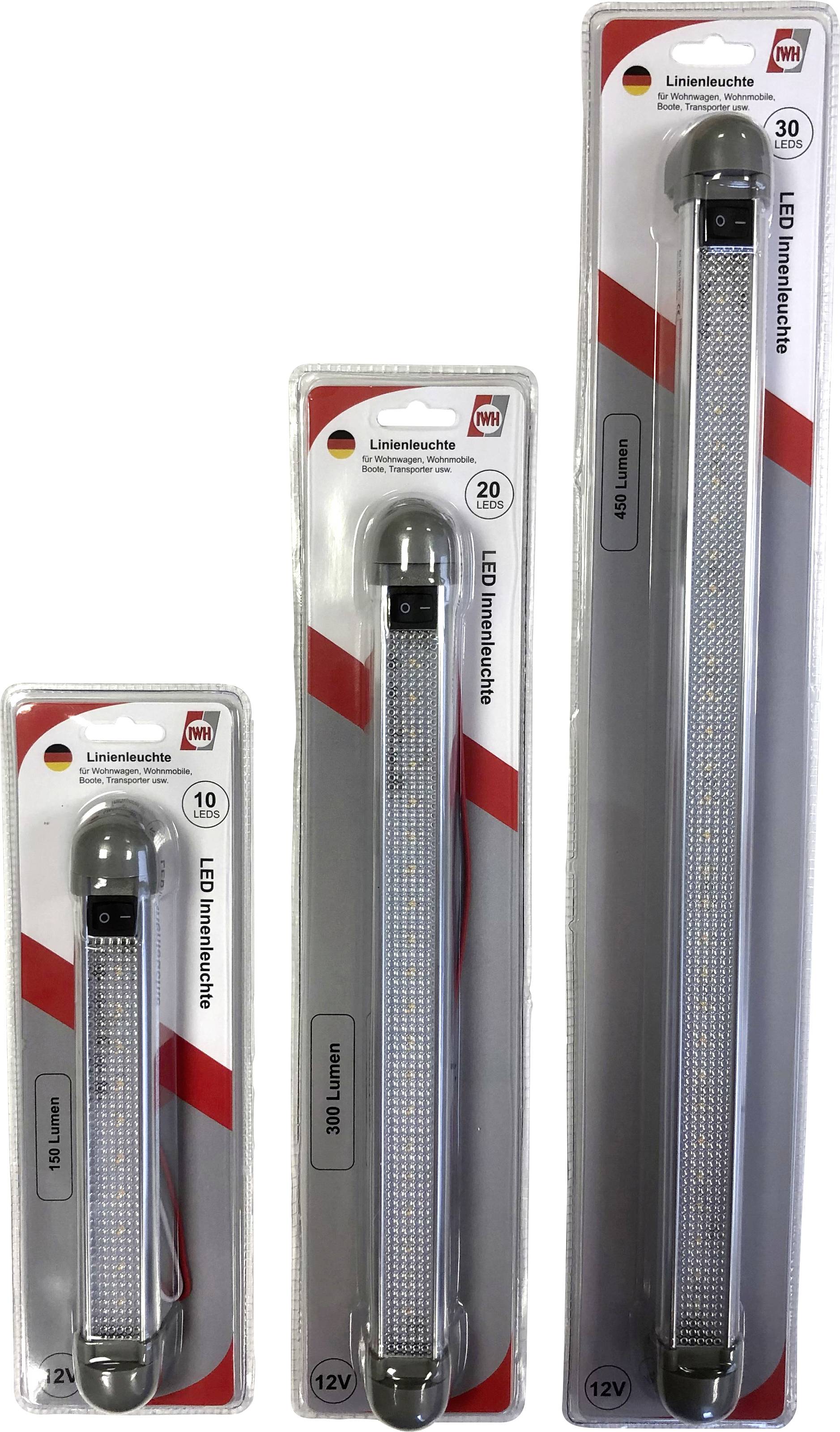 Three LED light strips in packaging of different sizes. Labels show wattage and length.