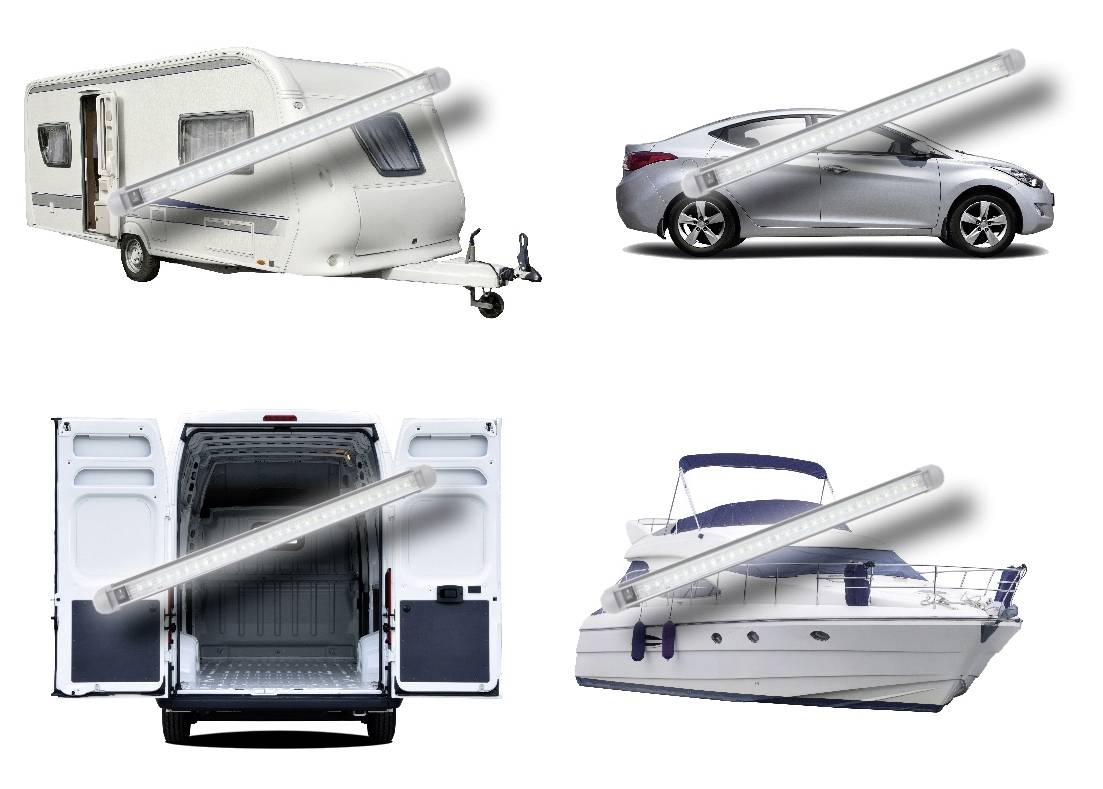 A caravan, a car, a van and a boat, each with a marked LED light, to highlight installation possibilities.