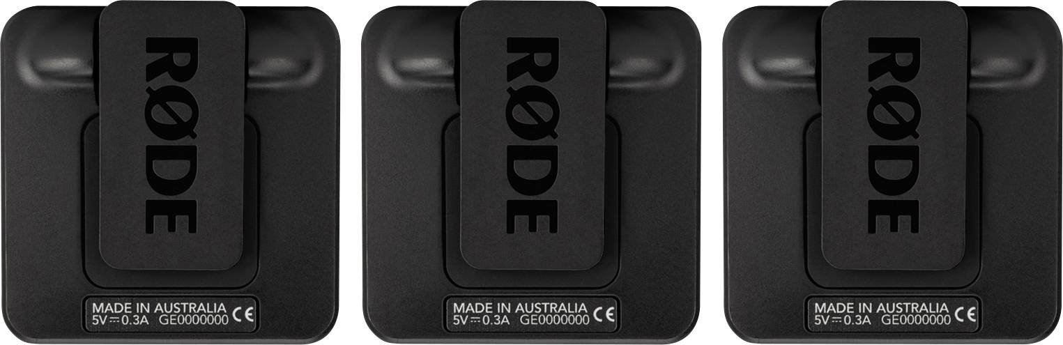 Three black wireless microphone receivers by RØDE, lined up close together.
