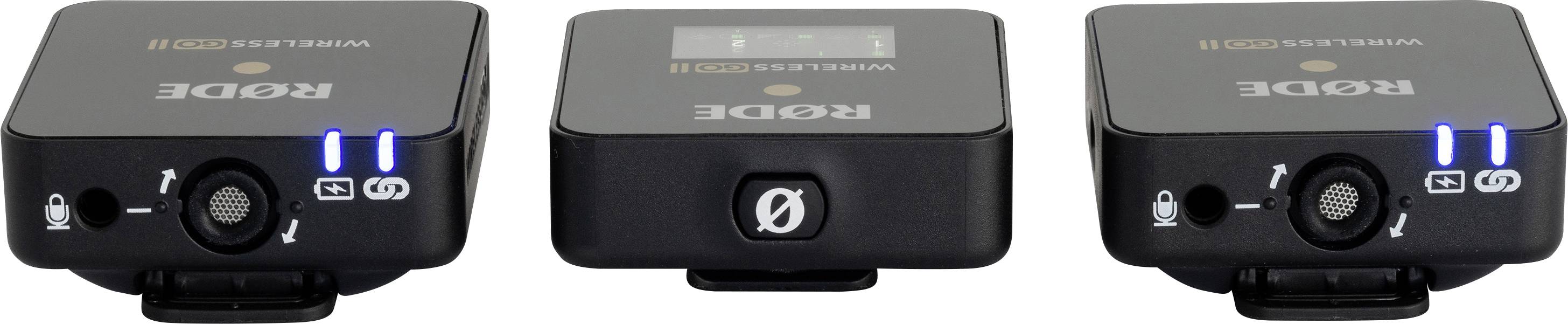 Three compact, black wireless microphone receivers with blue LED indicators and adjustment dials.