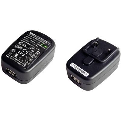 Two black USB wall chargers with technical labels and symbols on the top surface, both featuring retractable plug pins.