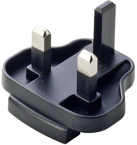 British plug adapter with three rectangular pins, black housing. Used in the United Kingdom.