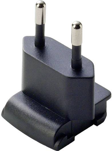Black adaptor plug with two metal pins for a European socket, suitable for devices with different plug types.