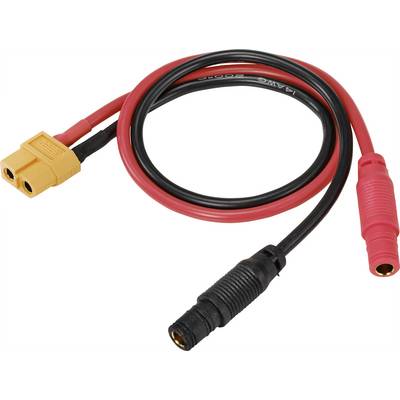 'A cable with a yellow and red connection. The yellow connection has two slots, while the red plug is cylindrical.'