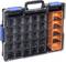 A black tool box with a transparent lid, blue locks, and several small, orange compartments on the right-hand side.