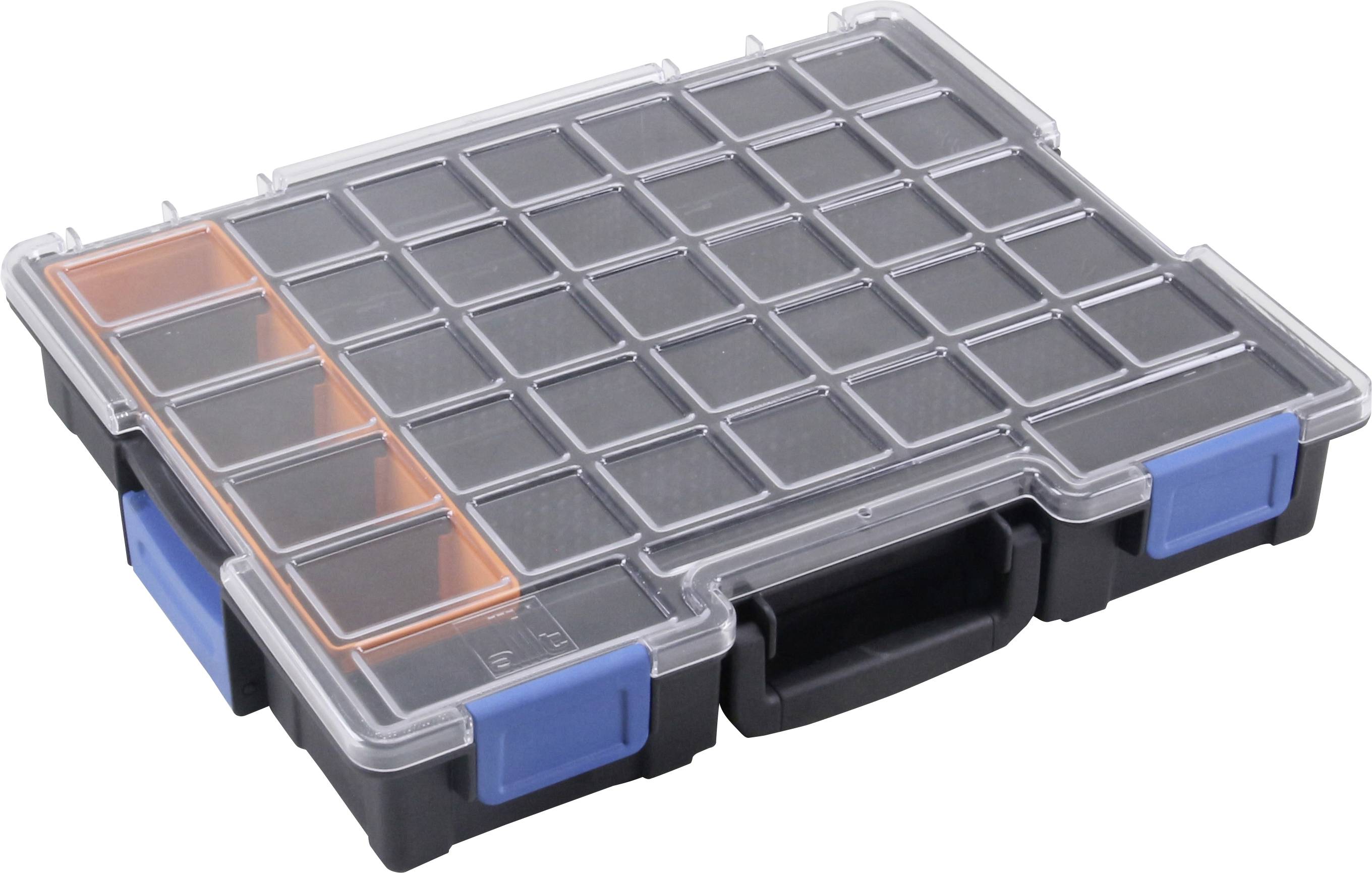 A plastic tool case with a transparent lid, multiple compartments and a handle, for storing smaller items.