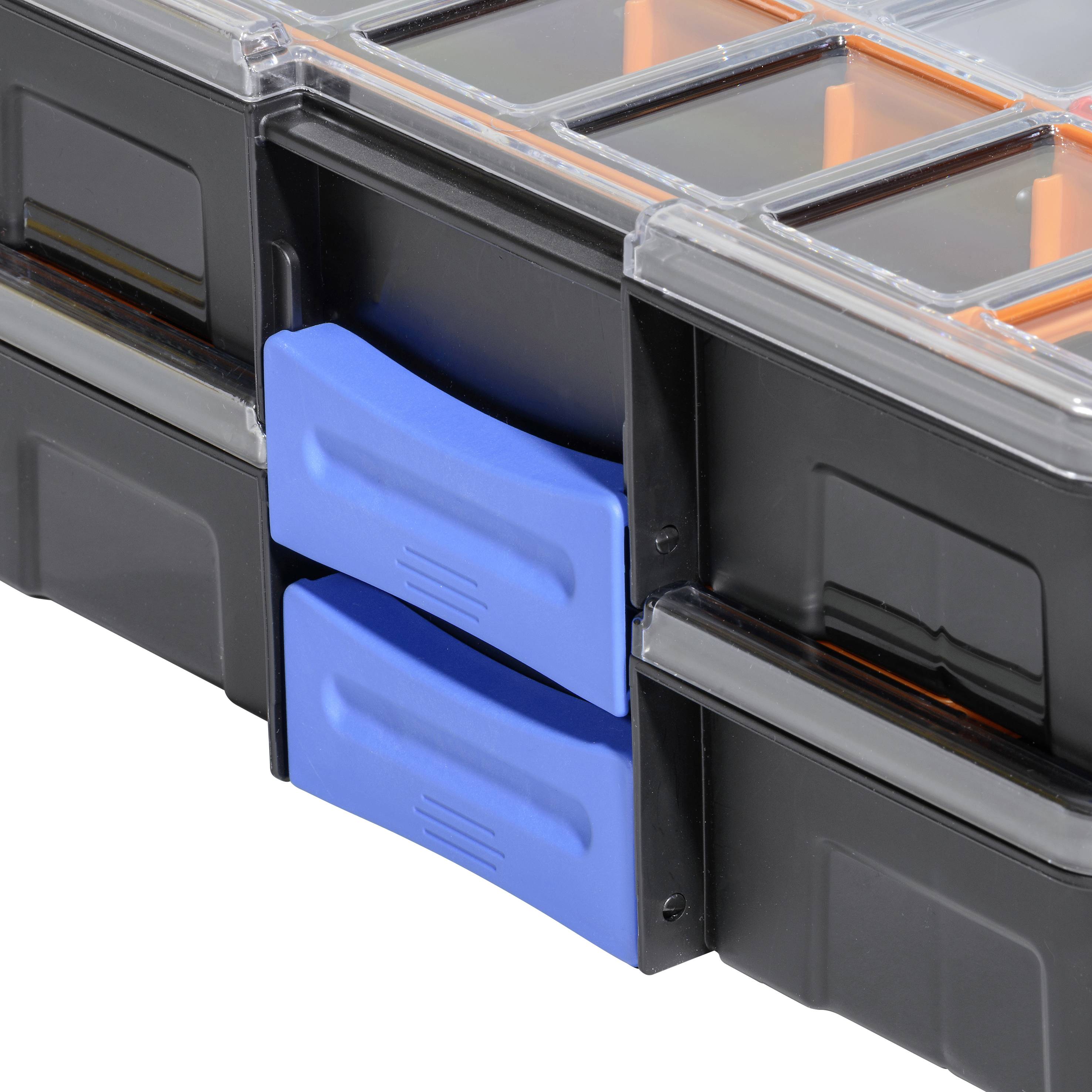 A black plastic organiser with transparent covers and blue drawers, for storing small items.