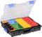 An open toolbox with multiple colourful compartments for storing small items.
