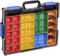 A plastic storage case with a handle, containing removable colourful compartments in Red, Yellow, Green, Blue and Orange.