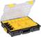 Black tool case with a clear, open lid, yellow removable compartments, and black handle, suitable for storage.