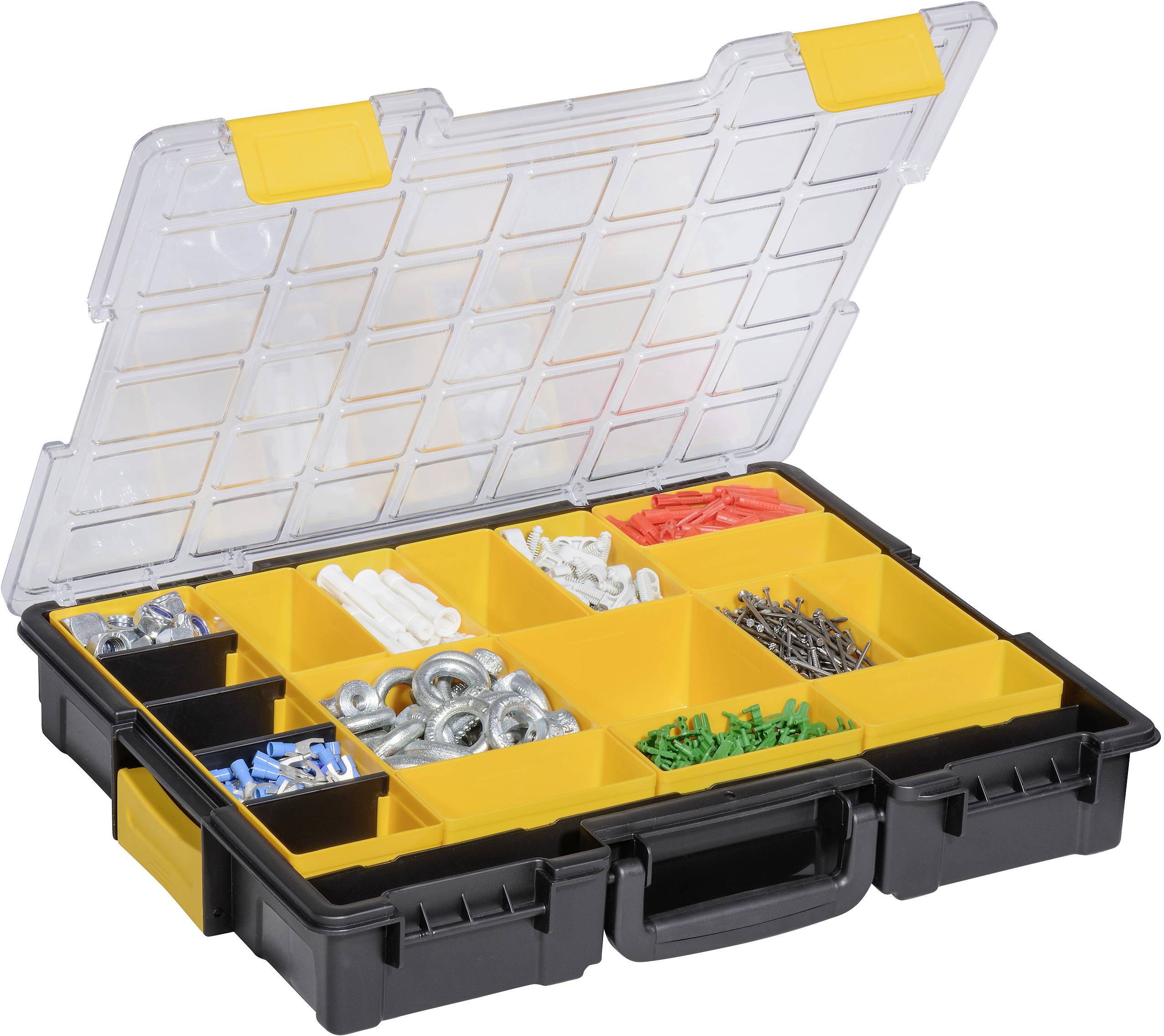 Open compartment storage box with yellow dividers, filled with various screws, nuts, and wall plugs for storage.