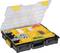 Open compartment storage box with yellow dividers, filled with various screws, nuts, and wall plugs for storage.