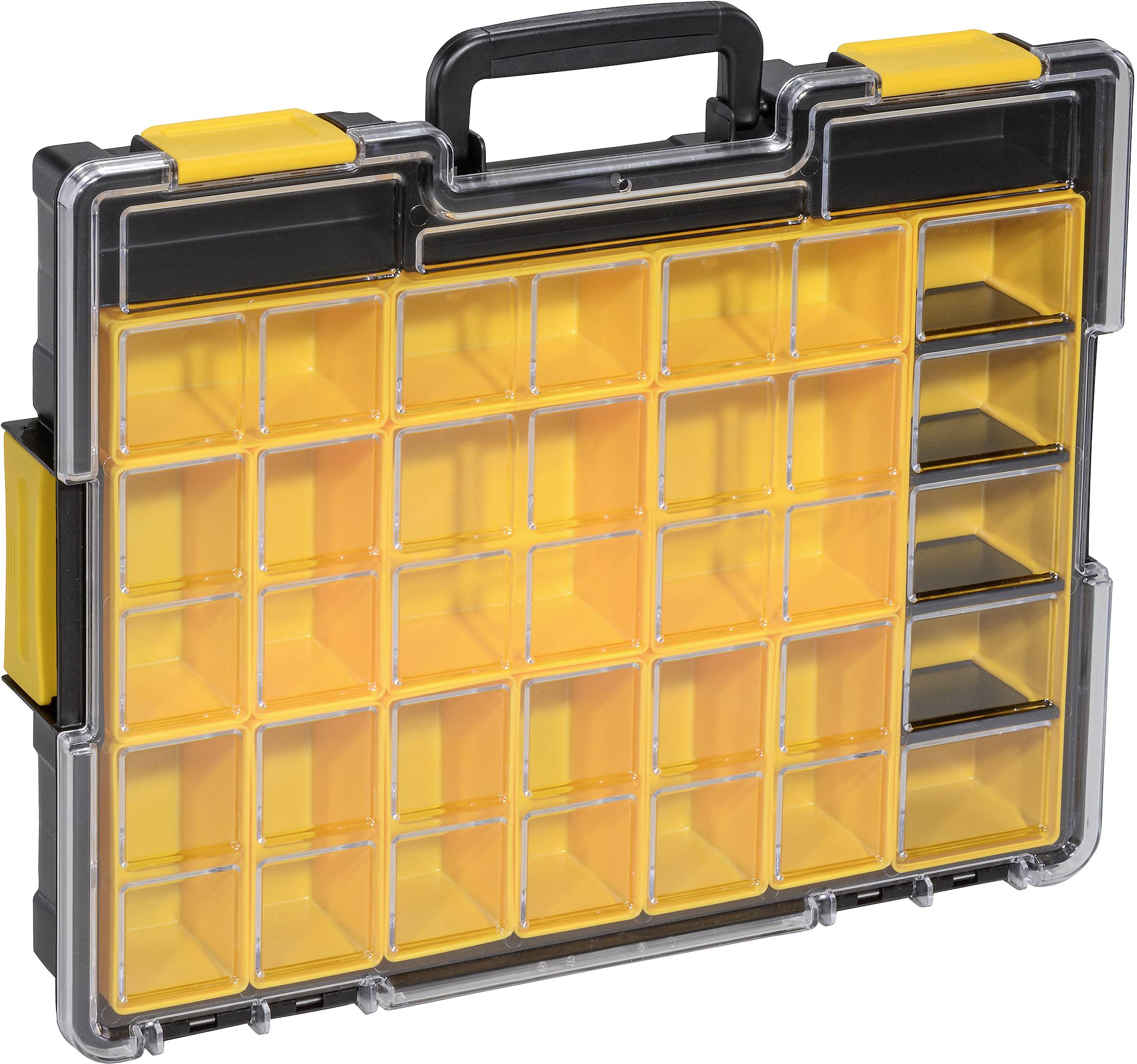 A transparent plastic case with a black handle and yellow, removable compartments for storing small items.