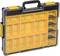 A transparent plastic case with a black handle and yellow, removable compartments for storing small items.