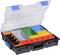 Plastic storage box with an open lid, various colourful compartments for storing small parts, black casing.