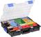 Tool box with an open transparent lid, displaying various screws, nuts, and wall plugs in multi-coloured compartments.