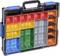 A transparent plastic case with colourful, removable compartments in various sizes, suitable for storing small items.
