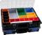 Opened toolbox with transparent lid, various colourful compartments for small parts, black casing.