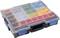 Plastic storage case with a transparent lid, filled with colourful, square compartments designed for storing small items.