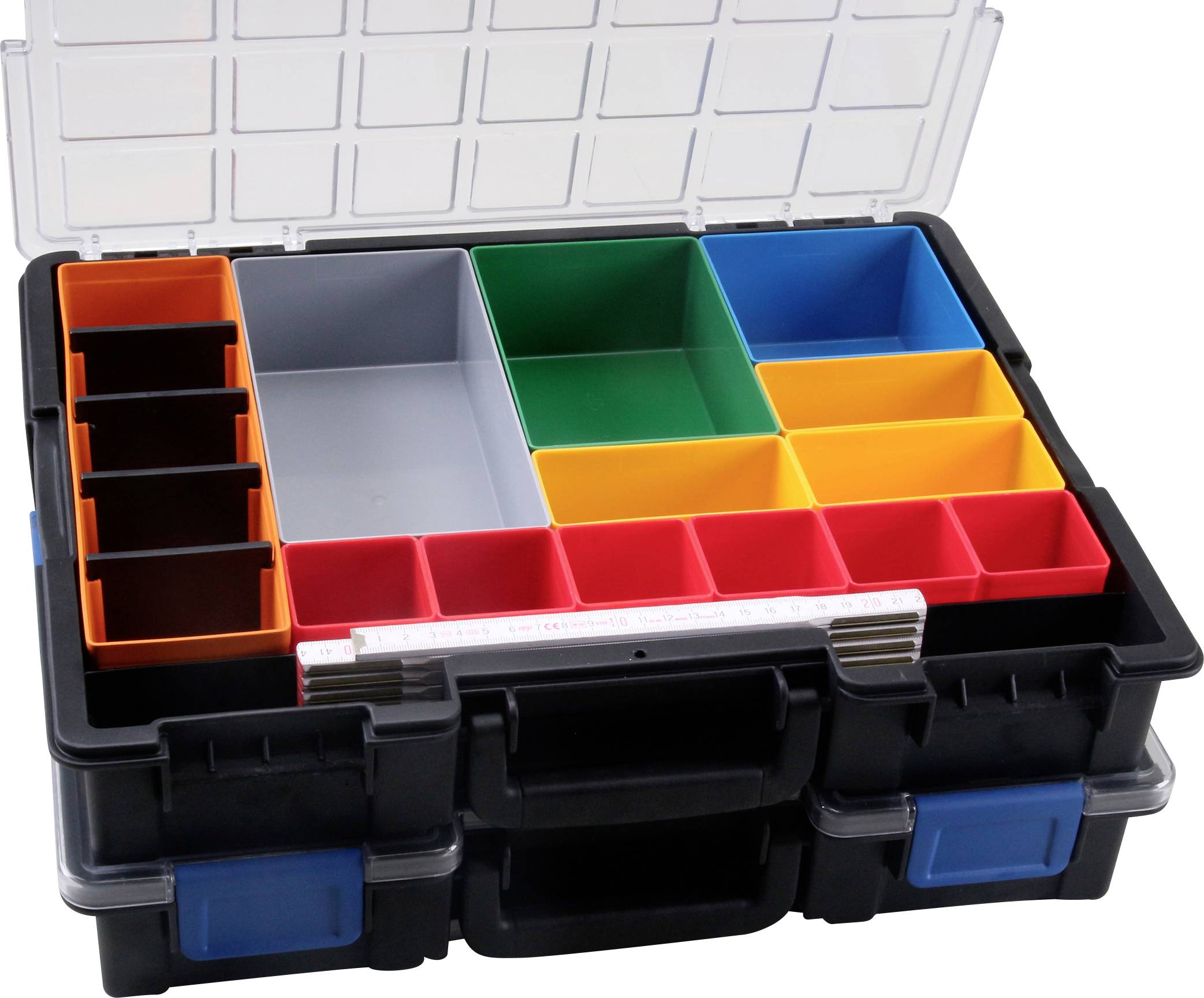 Open storage box with adjustable, colourful compartments, suitable for organising small items.