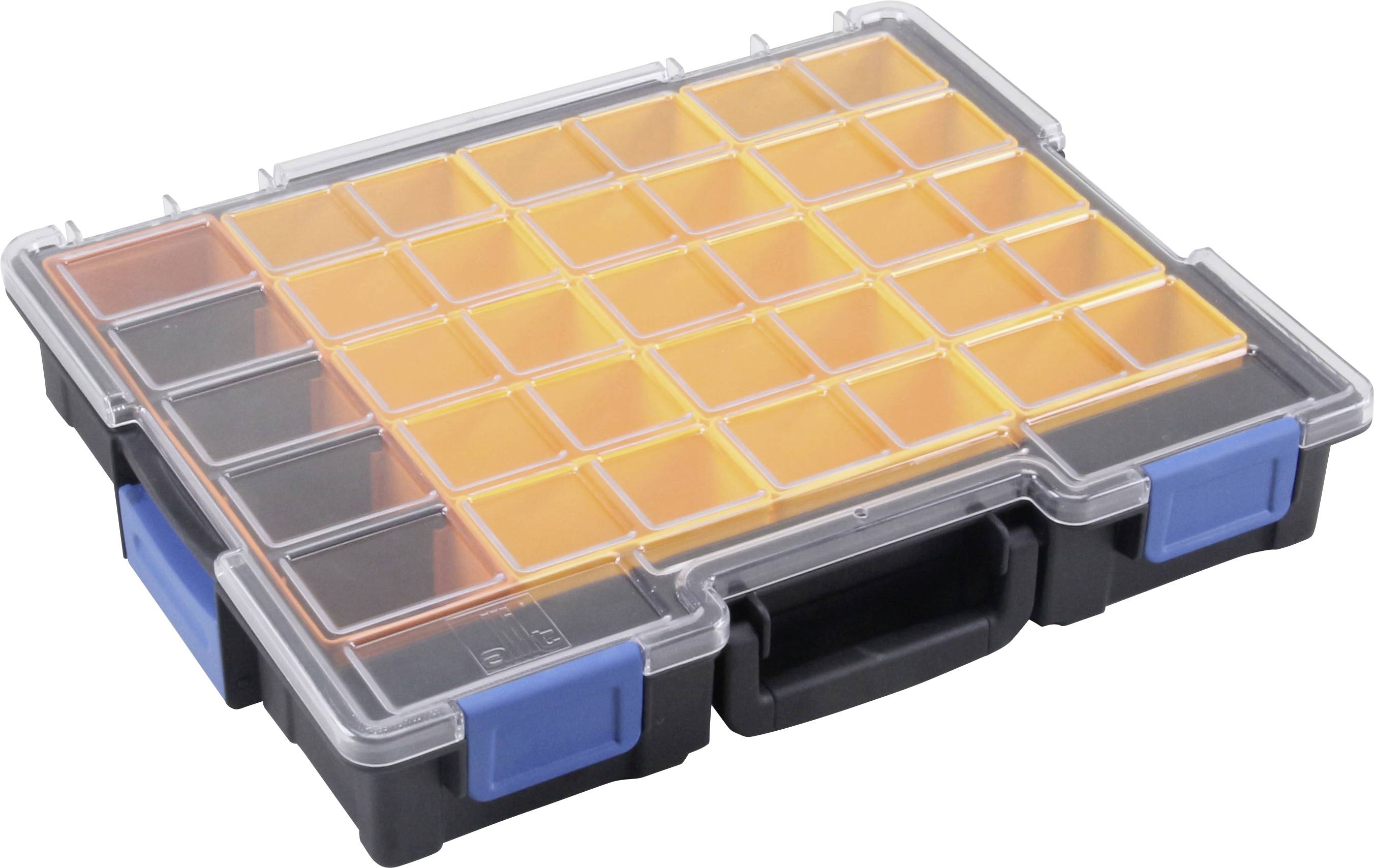 Transparent plastic box with 28 square compartments, filled with orange storage trays, suitable for small parts storage.