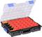 A tool case with a transparent lid displays red, black and orange compartments for storing small parts.