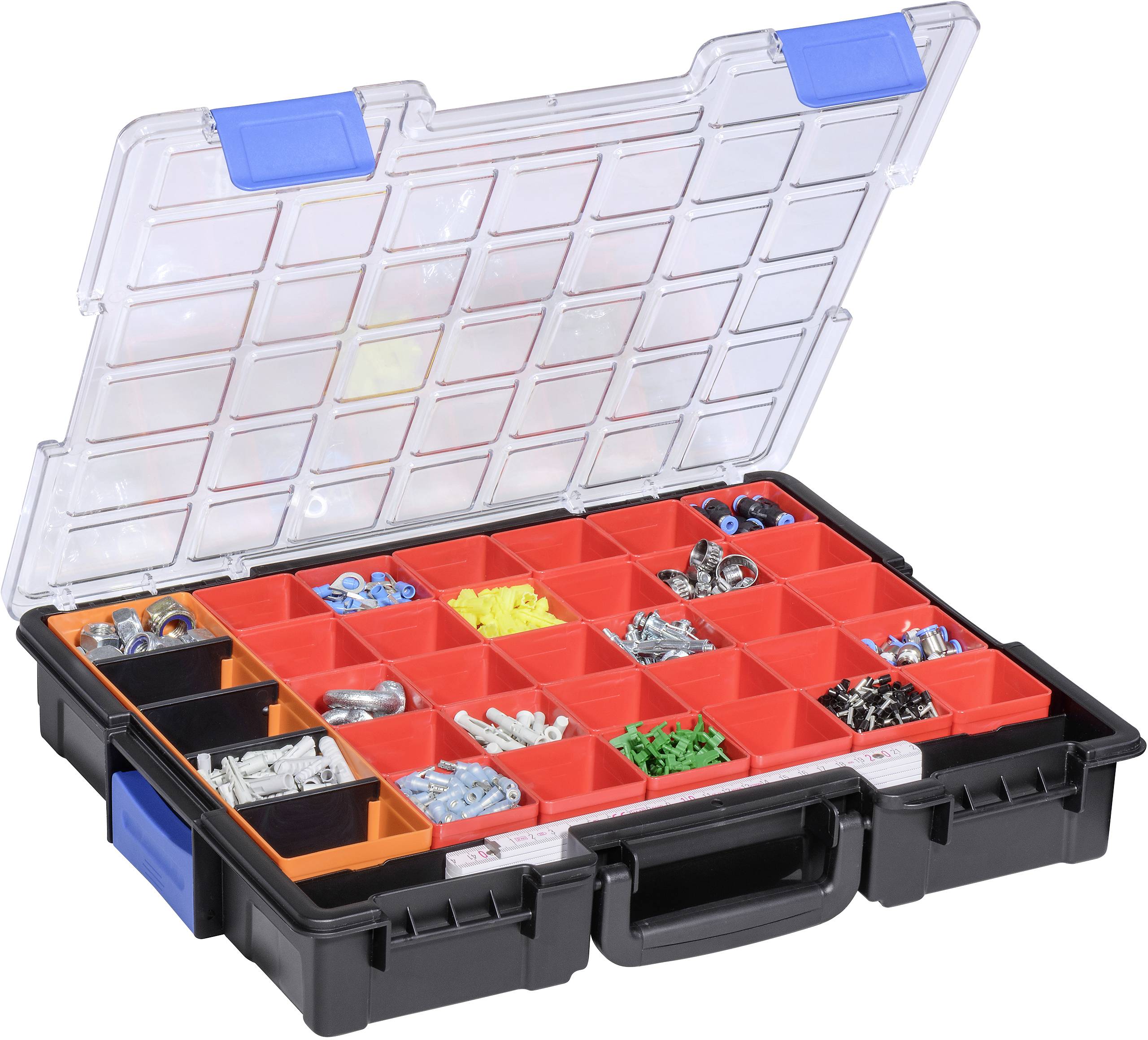 An open sorting tray with multiple compartments, filled with various screws and fixing materials, against a white background.