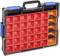 A black toolbox with a handle, filled with red and orange plastic storage boxes of various sizes.