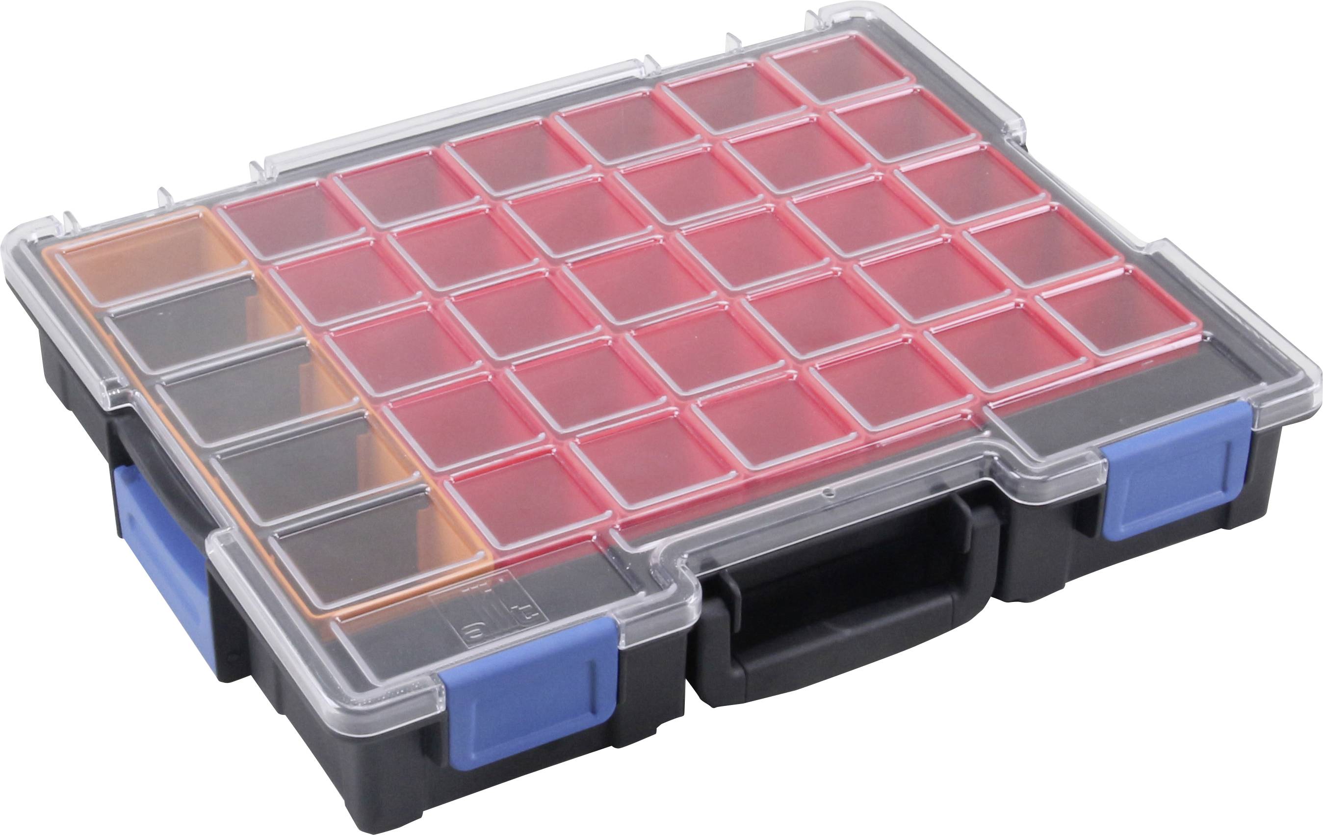 Plastic organiser with a transparent lid, containing red and orange compartments, used for small parts, with a black casing and blue fastener.