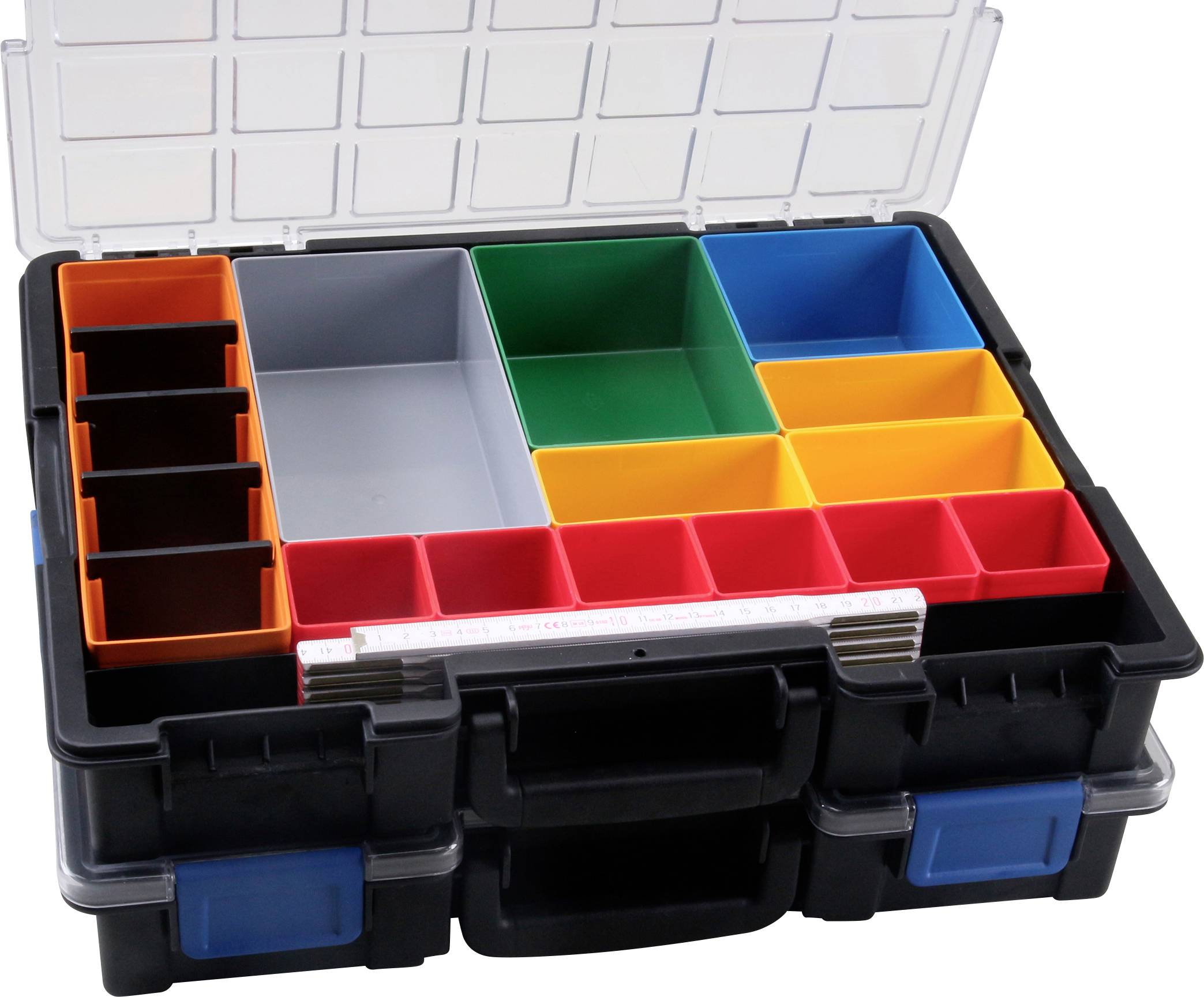 Tool case with an open transparent lid, containing various colourful compartments for storing small parts.