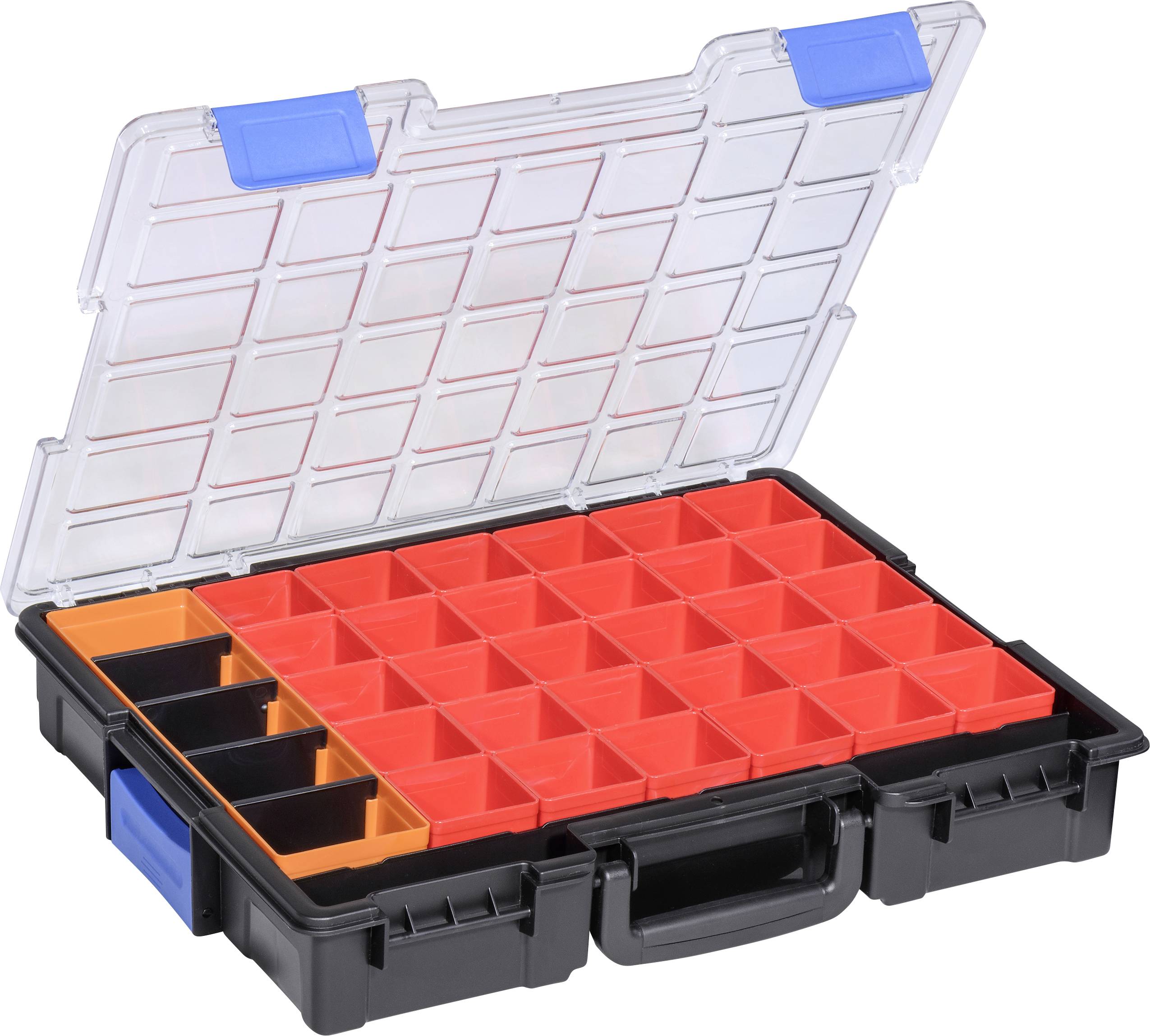 Opened black toolbox with transparent lid and red compartments. Ideal for storing small tools.