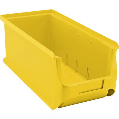 Yellow plastic storage box with a rectangular shape, open at the front for easy access, ideal for storage or workshop areas.