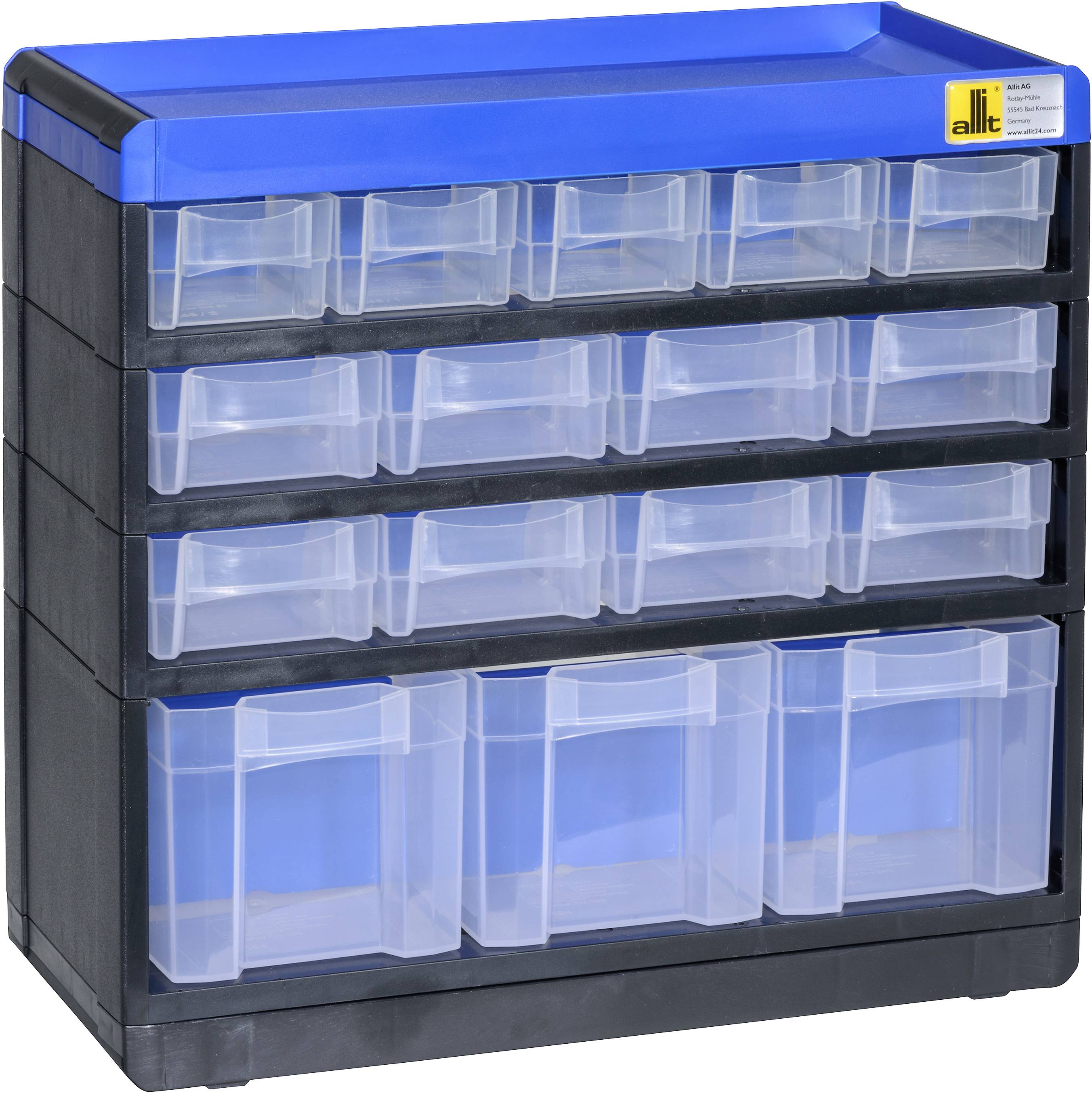 A black and blue plastic storage organiser with multiple transparent drawers, suitable for storing small parts.