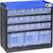 A black and blue plastic storage organiser with multiple transparent drawers, suitable for storing small parts.