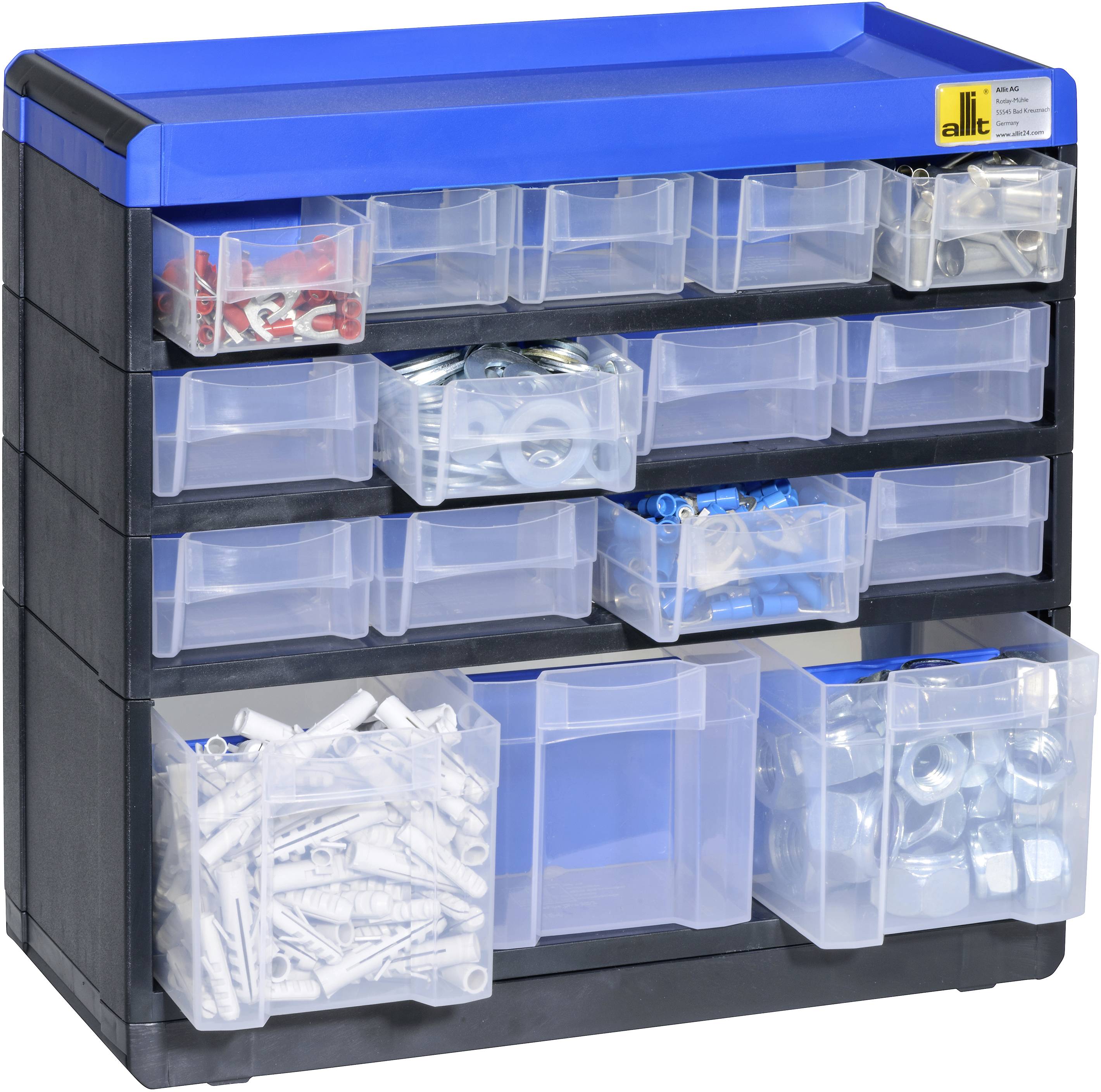 Small-parts storage cabinet with a blue top surface and multiple transparent drawers, filled with various fastening elements.