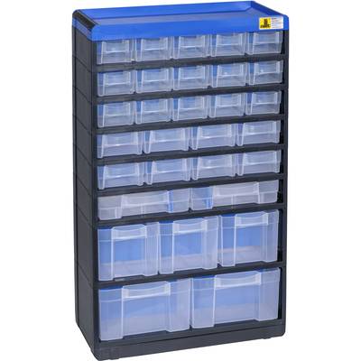 Black and navy storage cabinet with multiple transparent drawers in various sizes. Perfect for organising small items.