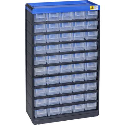 Black filing cabinet with blue accents and multiple transparent drawers. Suitable for storing small items.