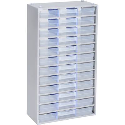 A grey metal shelving unit with eighteen transparent blue drawers, suitable for storing small items or tools.