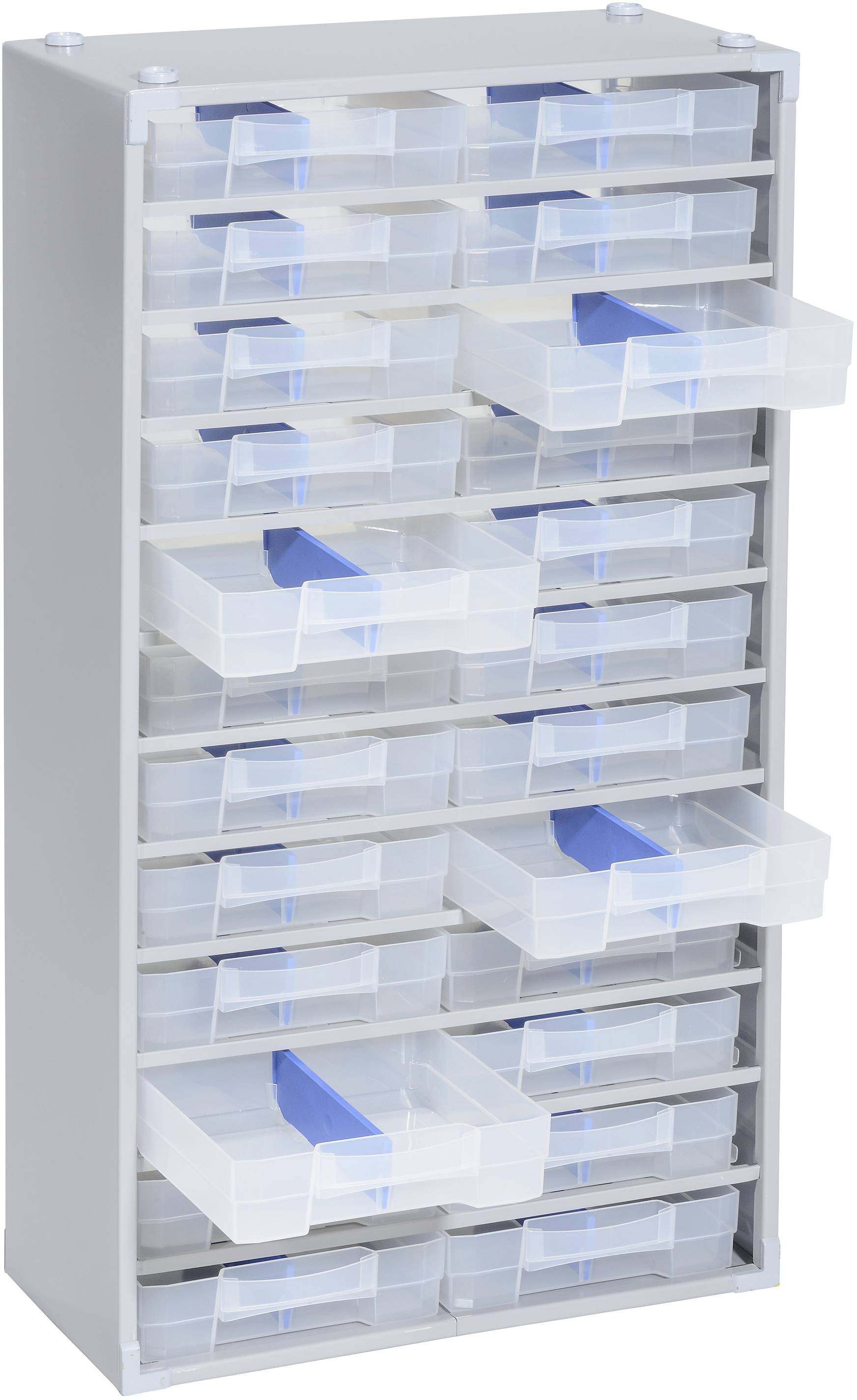 A grey filing cabinet with multiple transparent plastic drawers, some slightly ajar; suitable for storing small items.